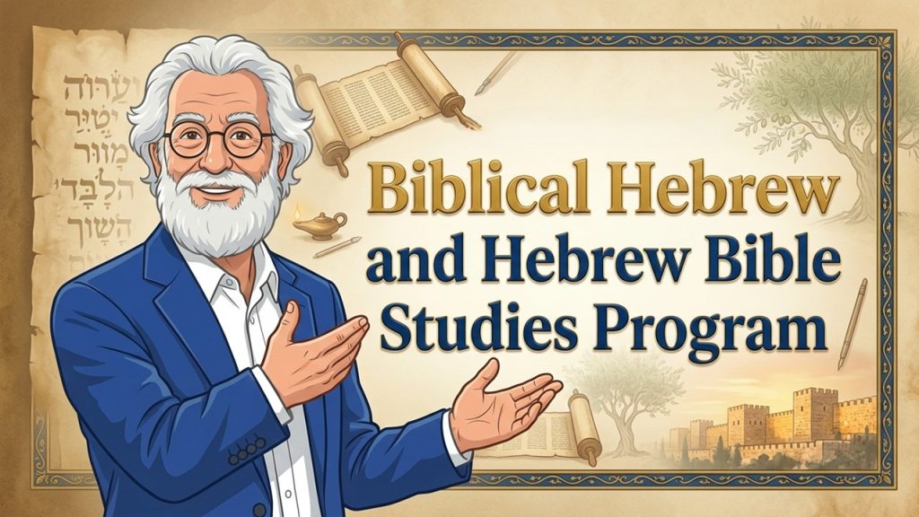 llustration of a professor in a blue blazer presenting the Biblical Hebrew and Hebrew Bible Studies Program, with ancient scrolls, Hebrew script, and historical imagery in the background.”