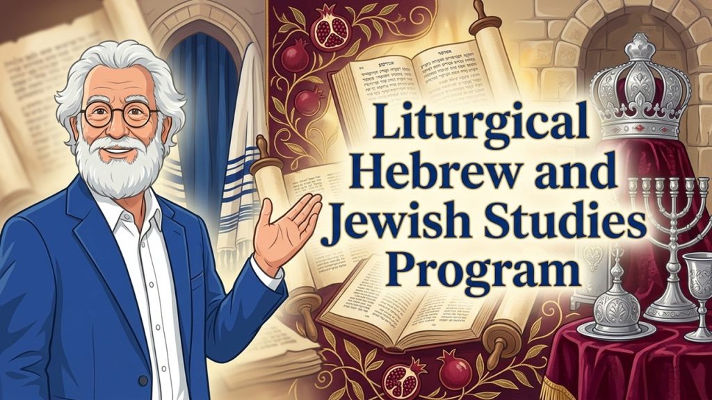 “Illustration of a professor in a blue blazer presenting the Liturgical Hebrew and Jewish Studies Program, with a Torah scroll, tallit, menorah, pomegranates, and traditional Jewish symbols.”