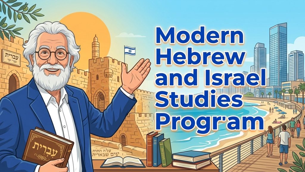 Illustration of a professor in a blue blazer presenting the Modern Hebrew and Israel Studies Program, with Jerusalem stone walls, an Israeli flag, modern cityscape, and Hebrew books.”