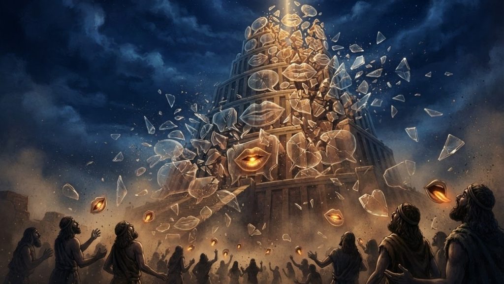 Tower of Babel collapsing beneath a beam of divine light, with shattered lips and speech symbols flying through the air as ancient figures look on, illustrating the biblical story of language confusion in Genesis.